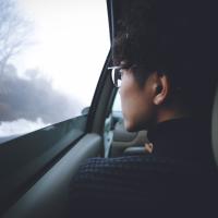 Ung person kigger ud af vinduet af en bil