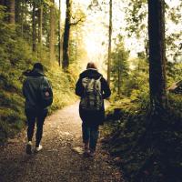 To personer går sammen i en skov